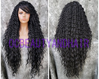 Extra Long Deep Wave Curly Full Volume Heat Safe Lace Front Human Hair Blend Daily Fashion Wig Black