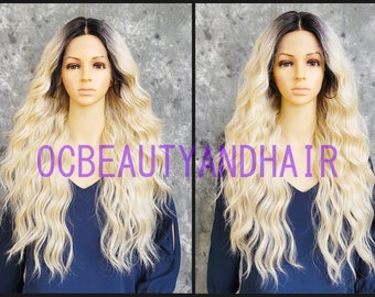 Human Hair Blend Long Body Waves Curly Full Volume Lace Front Daily Fashion Wig Dark Rooted Light Blonde