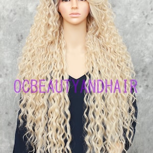 Human Hair Blend Extra Long Deep Waves Curly Heat Safe Lace Front Light Blonde with Dark Roots Wig and Swept Bangs
