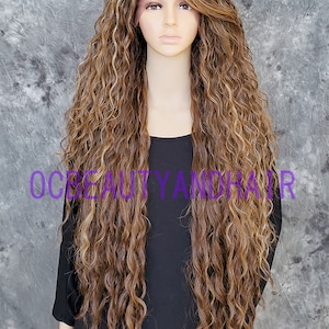 Human Hair Blend Extra Long Deep Waves Curly Heat Safe Lace Front Light Brown w/ Strawberry n Light Blonde Highlights Wig w/ Swept Bangs