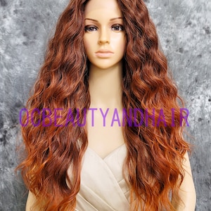 Human Hair Blend Long Body Waves Curly Full Volume Heat Safe Lace Front Daily Fashion Wig Ombre Auburn Red