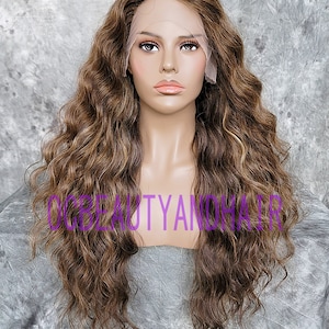 Long Layered Mermaid Waves Heat Safe Lace Front Human Hair Blend Wig Light Brown & Blonde Mix