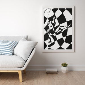 Clown Printable checker wave Wall Art 2024, Wall Decor for interior, big format, A2, black and white color, graphic