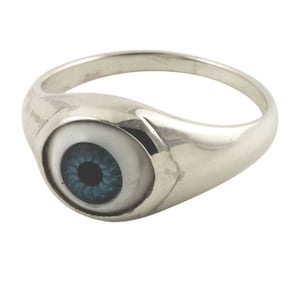 May include: A silver ring with a detailed blue eye design. The eye has a white sclera and a dark blue iris with a black pupil. The ring band is smooth and polished, with a rounded shape.