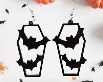 Coffin Bats Earrings | Halloween Earrings - Spooky Earrings - Coffin Earrings - Bat Stud Earrings - Vampire Earrings