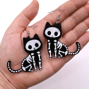 Skeleton Cat Earrings | Halloween Earrings - Spooky Earrings - Holiday Earrings - Cat Earrings - Skeleton Earrings