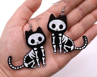 Skeleton Cat Earrings | Halloween Earrings - Spooky Earrings - Holiday Earrings - Cat Earrings - Skeleton Earrings