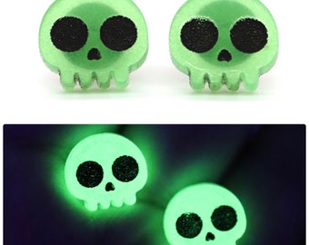 Skull Stud Earrings | Halloween Stud Earrings - Spooky Stud Earrings - Skeleton Earrings - Glow in the Dark Stud Earrings
