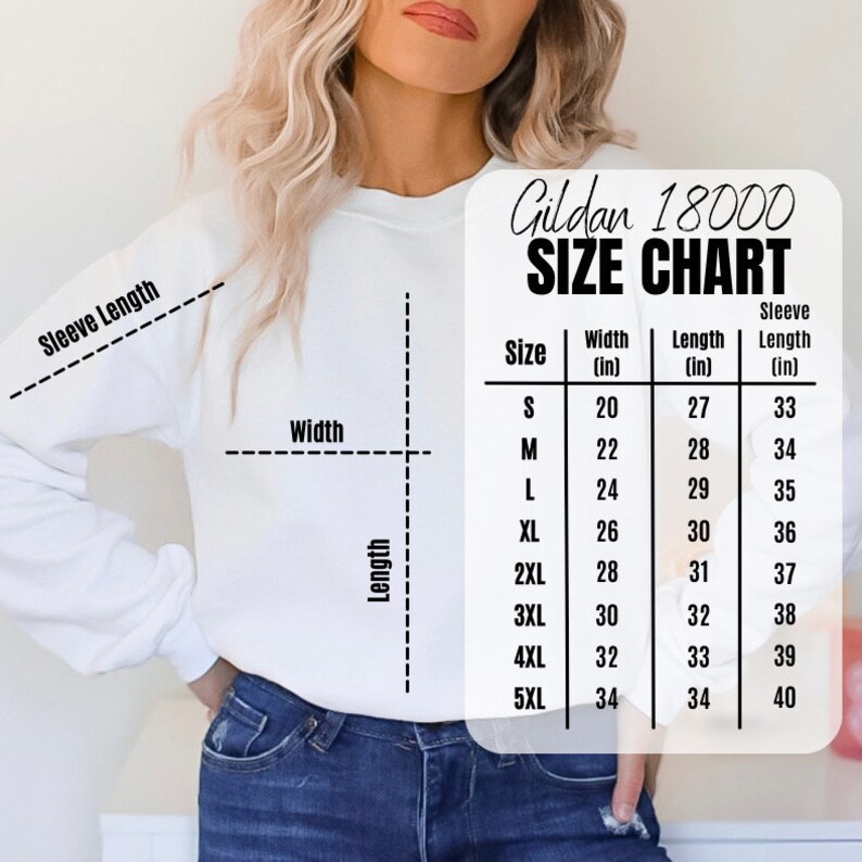May include: Size chart for Gildan 18000 shirts, showing measurements in inches for width, length, and sleeve length for sizes S through 5XL.