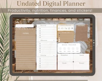 May include: A digital planner on a tablet screen with a brown wood background. The planner is undated and includes sections for notes, morning, afternoon, evening, today's weather, to do list, mood tracker, breakfast, lunch, snack, and dinner. The planner is compatible with Notability, Goodnotes, and other note-taking apps.