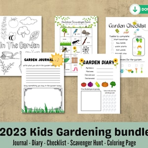 May include: A printable bundle of gardening activities for kids. The bundle includes a coloring page, a garden journal, a garden diary, a checklist, and a scavenger hunt. The pages are black and white and feature illustrations of garden plants, tools, and insects.