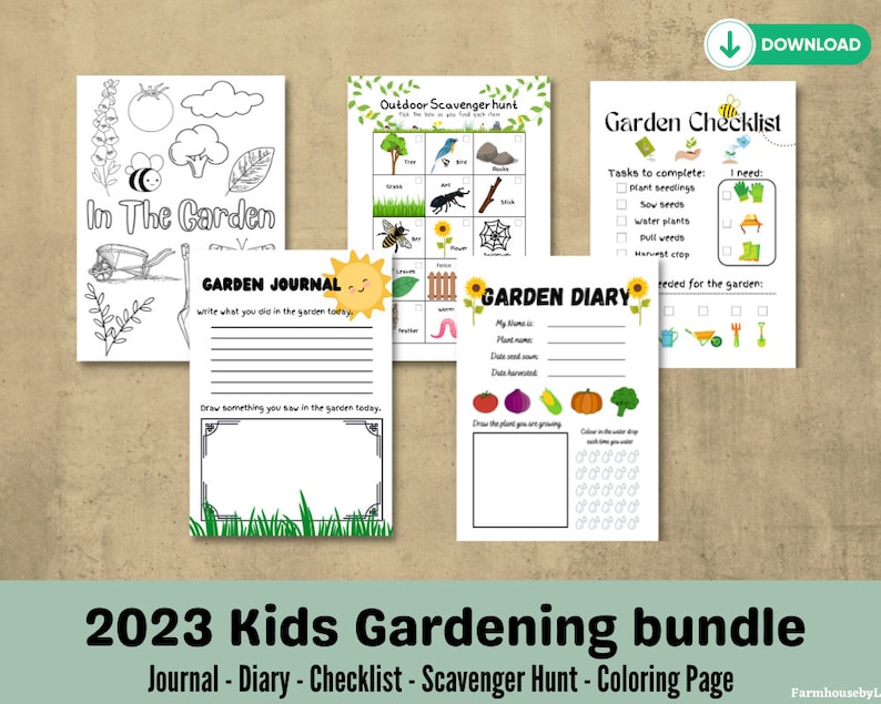 May include: A printable bundle of gardening activities for kids. The bundle includes a coloring page, a garden journal, a garden diary, a checklist, and a scavenger hunt. The pages are black and white and feature illustrations of garden plants, tools, and insects.