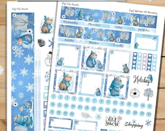 May include: A winter-themed planner sticker set with a capybara wearing a blue hat and scarf. The stickers include weekly layouts, decorative elements, and the text "Let it Snow". The set is designed for Happy Planner Classic.