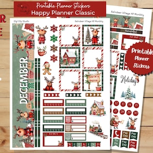 May include: A collection of printable planner stickers with a Christmas theme. The stickers feature reindeer, snowflakes, houses, and the text "Reindeer Village" and "December". Includes PNG, Cricut, and Silhouette cut files.