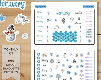 May include: Printable planner stickers for January and winter themes. Includes stickers with snowflakes, a snowman, and the text "Happy New Year". The kit includes PNG, Cricut, and Silhouette cut files.