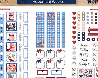 July Spirit Hobonichi Weeks Weekly Sticker Kit, Printable Planner Stickers, 4th of July, PNG, Cricut, Silhouette