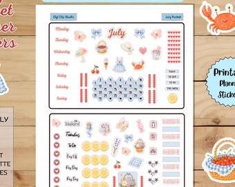 July Pocket Planner Stickers, Printable Mini Planner Stickers, Picnic, PNG, Cricut, Silhouette, Summer