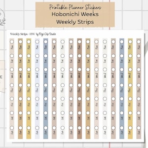 Könnte beinhalten: Ein Bogen mit druckbaren Planer-Aufklebern mit vertikalen Wochenstreifen für Hobonichi Weeks. Die Streifen sind in verschiedenen gedeckten Erdtönen und Blautönen gehalten und enthalten jeweils eine Spalte mit sieben Kreisen und den Wochentagen.