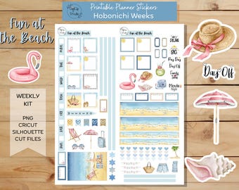 Fun at the Beach, Hobonichi Weeks Weekly Sticker Kit, Printable Planner Stickers, Summer, Ocean, Digital Stickers, PNG, Cricut, Silhouette