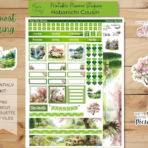 May include: A set of printable planner stickers featuring a spring theme with green, white, and pink colors. The stickers include images of flowers, trees, a picnic, a waterfall, and a bike. The text "Almost Spring" and "Hobonichi Cousin" are also included. The stickers are designed for use with the Hobonichi Cousin planner.