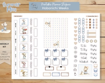 Summer Mice Hobonichi Weeks Stickers Weekly Kit Printable Planner Stickers, Digital, PNG, Cricut, Silhouette, Beach