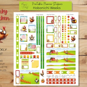 May include: Printable planner stickers featuring a funky chicken theme. The stickers are designed for Hobonichi Weeks planners and include a variety of designs, such as weekly boxes, to-do lists, and cute chicken illustrations.