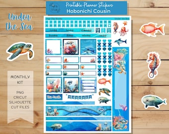 Under the Sea Hobonichi Cousin Sticker Kit, Monthly, Printable Planner Stickers, Ocean, Digital Stickers, PNG, Cricut, Silhouette