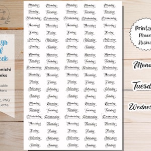 May include: Printable planner stickers with the days of the week written in a cursive font. The stickers are white with black text and are arranged in rows on a wood background. The words "Monday", "Tuesday", and "Wednesday" are written in a larger font at the bottom of the image.
