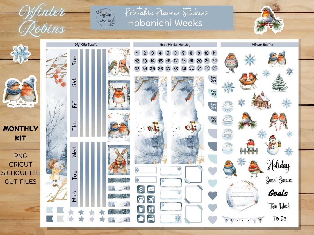 Winter Robins Hobonichi Stickers Weeks Monthly Kit Printable Planner ...