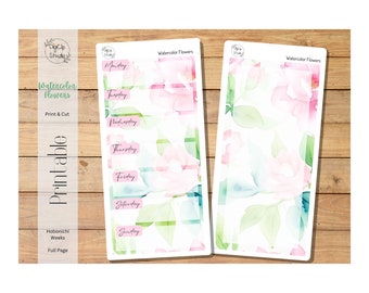 Pegatinas Hobonichi de flores en acuarela para semanas. Juego de pegatinas imprimibles semanales / Descarga instantánea / Página completa / Cricut / PDF