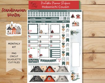 Scandinavian Winter Hobonichi Cousin Sticker Kit, Monthly, Printable Planner Stickers, December, Digital Stickers, PNG, Cricut, Silhouette