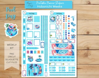 Pool Day, Hobonichi Weeks Weekly Sticker Kit, Printable Planner Stickers, Summer, Swim, Pool Party Digital Stickers, PNG, Cricut, Silhouette