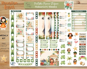 Hawaiian Beach Hobonichi Weeks Weekly Sticker Kit, Printable Planner Stickers, Hawaii, PNG, Cricut, Silhouette