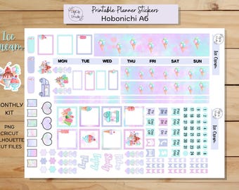 May include: A sheet of planner stickers with an ice cream theme. The stickers include ice cream cones, calendar days, and decorative elements in pastel colors. Text includes "Ice Cream", "Monthly Kit", and "Hobonichi A6".