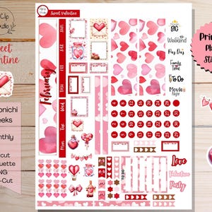 May include: Printable planner stickers with a Valentine's Day theme. The stickers feature hearts, a bottle of potion, a calendar, and the text "Sweet Valentine".