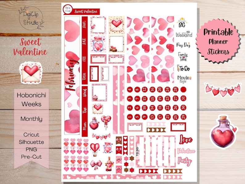 Sweet Valentine Hobonichi Stickers Weeks Monthly Kit Printable Planner ...
