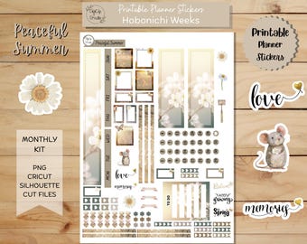 Friedliche Sommer Hobonichi Aufkleber Wochen Monatliches Kit Druckbare Planner Stickers, Frühling, Blume, Land, PNG, Cricut, Silhouette