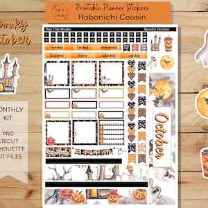 Puede incluir: Pegatinas de planificador imprimibles con un tema de octubre espeluznante. Las pegatinas presentan una variedad de diseños con temática de Halloween, que incluyen fantasmas, murciélagos, calabazas y una casa encantada. Las pegatinas están diseñadas para usar con el planificador Hobonichi Cousin.