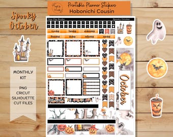 Spooky October Hobonichi Cousin Sticker Kit, Monthly, Printable Planner Stickers, Halloween, Digital Stickers, PNG, Cricut, Silhouette