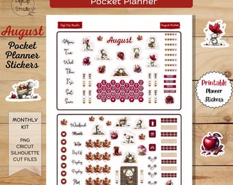 August Pocket Planner Stickers, Printable Mini Planner Stickers, Picnic, PNG, Cricut, Silhouette, Fall, Mice