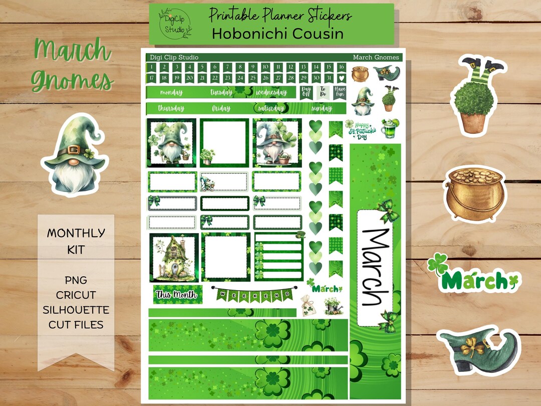 March Gnomes Hobonichi Cousin Sticker Kit, Monthly, Printable Planner ...