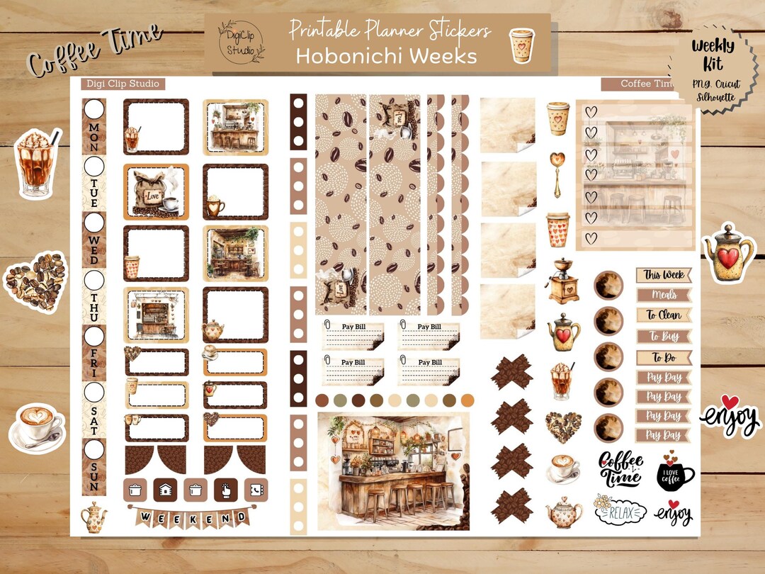 Coffee Time Hobonichi Weeks Weekly Sticker Kit, Printable Planner ...