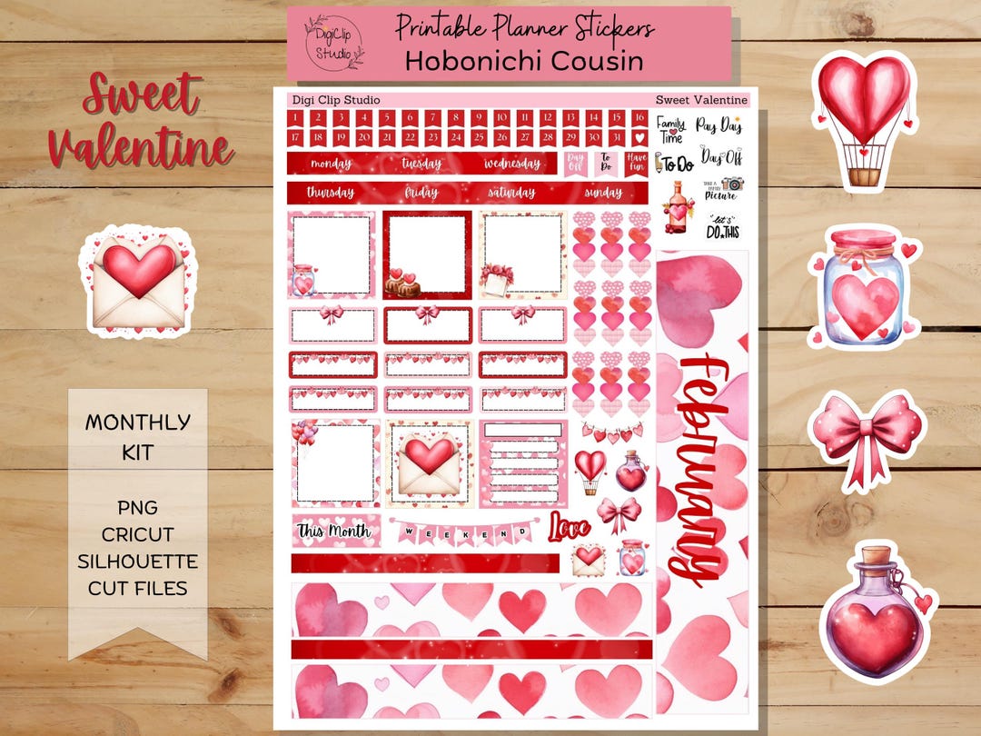 Sweet Valentine Hobonichi Cousin Sticker Kit, Monthly, Printable ...