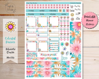 Colorful Daisies Hobonichi Cousin Sticker Kit, Monthly, Printable Planner Stickers, Flower, Digital Stickers, PNG, Cricut, Silhouette