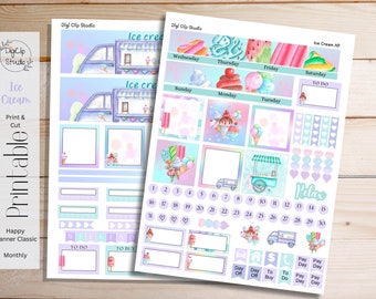 Ice Cream Happy Planner Stickers Classic Monthly Kit Printable Planner Stickers, Pre Cut, PNG, Cricut, Silhouette, Summer