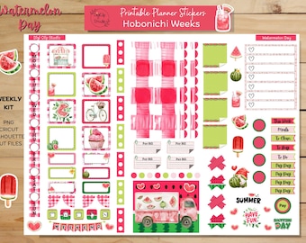 Watermelon Day Hobonichi Weeks Weekly Sticker Kit, Printable Planner Stickers, Summer, PNG, Cricut, Silhouette