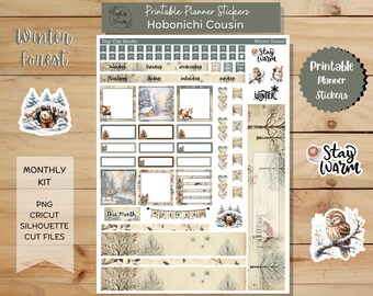 Winter Forest Hobonichi Cousin Sticker Kit, Monthly, Printable Planner Stickers, Animals, Digital Stickers, PNG, Cricut, Silhouette