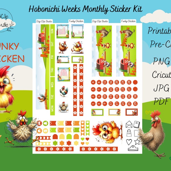 Funky Chicken Hobonichi Weeks Monthly Sticker Kit Printable Planner Stickers, Digital Stickers, PNG, Cricut, JPG, PDF