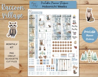 Waschbär-Dorf Hobonichi Aufkleber Wochen monatlich Kit Druckbare Planner Aufkleber, Winter, Printable, Silhouette, PNG, Cricut