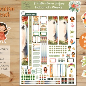 Hawaiian Beach Hobonichi Cousin Sticker Kit, Monthly, Printable Planner Stickers, Digital Stickers, PNG, Cricut, Silhouette